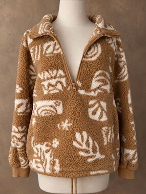 Billabong Size M Time Off Half Zip Sherpa Fleece Tan Cream Floral